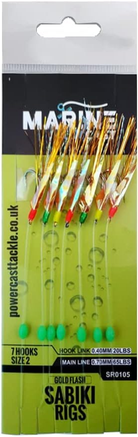 Mackerel Feathers sea fishing rigs lures 7 Hooks Sabiki Rig/hook size 2 - Gold Flash -5pcs
