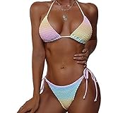 ZAFUL Women's Halter Neck Smocked Rainbow Tie Side String Triangle Bikini Set (4-Multi, M)