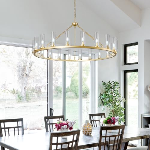 Image of 20 Light Large Wagon Wheel Chandelier with Clear Glass Shade Gold Round Pendant Light Farmhouse Industrial Chandeliers Dining Room Light Fixture for Stair Living Room Foyer Kitchen