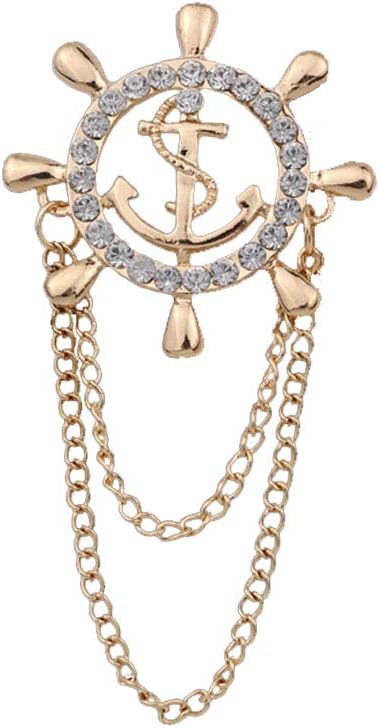 Rudder Brooch for Women Men Rhinestone Anchor Rudder Brooch Pins Chain Fashion Navy Sailor Dress Suit Pin Wedding Party Jewelry
