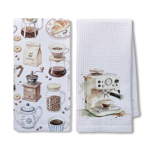 JLLBF Coffee Kitchen Hand Towels 16x24 Inch, Coffee Lover Gifts for Women Men, Watercolor Barista Tools Decorative Hand Towels for Kitchen Cafe Bar Station, Set of 2