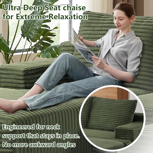 Image of 96 inch Modular Sectional Sofa, Modern Corduroy Cloud Couch, Boneless Couch Upholstered 3-Seater L-Shaped Sofa for Living Room, No Assembly Required (Green, Left-Facing Chaise)