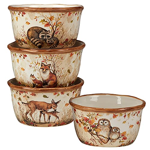 Unknown1 Pine Forest 22 Oz. Ice Cream/Dessert Bowls Set of 4 Beige Brown Multi Color Animal Country Farmhouse Round Ceramic Piece Dishwasher Safe Microwave