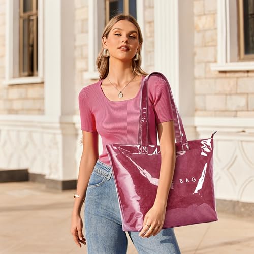 Image of KALIDI PVC Zipper Tote Bag, Jelly Kraft Paper Beach Bag Large Hobo Carry All Travel Shopping Handbag Plastic Shoulder Bag