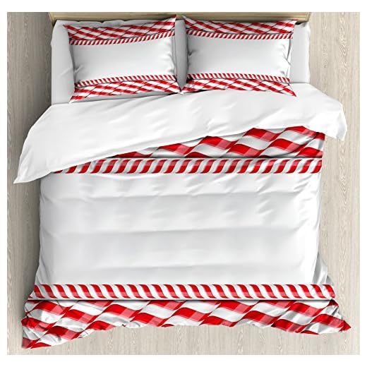 Ambesonne Candy Cane Duvet Cover Set, Horizontal Border Design with Abstract Traditional Food Pattern Taste of Xmas, Decorative 3 Piece Bedding Set with 2 Pillow Shams, King Size, Red White