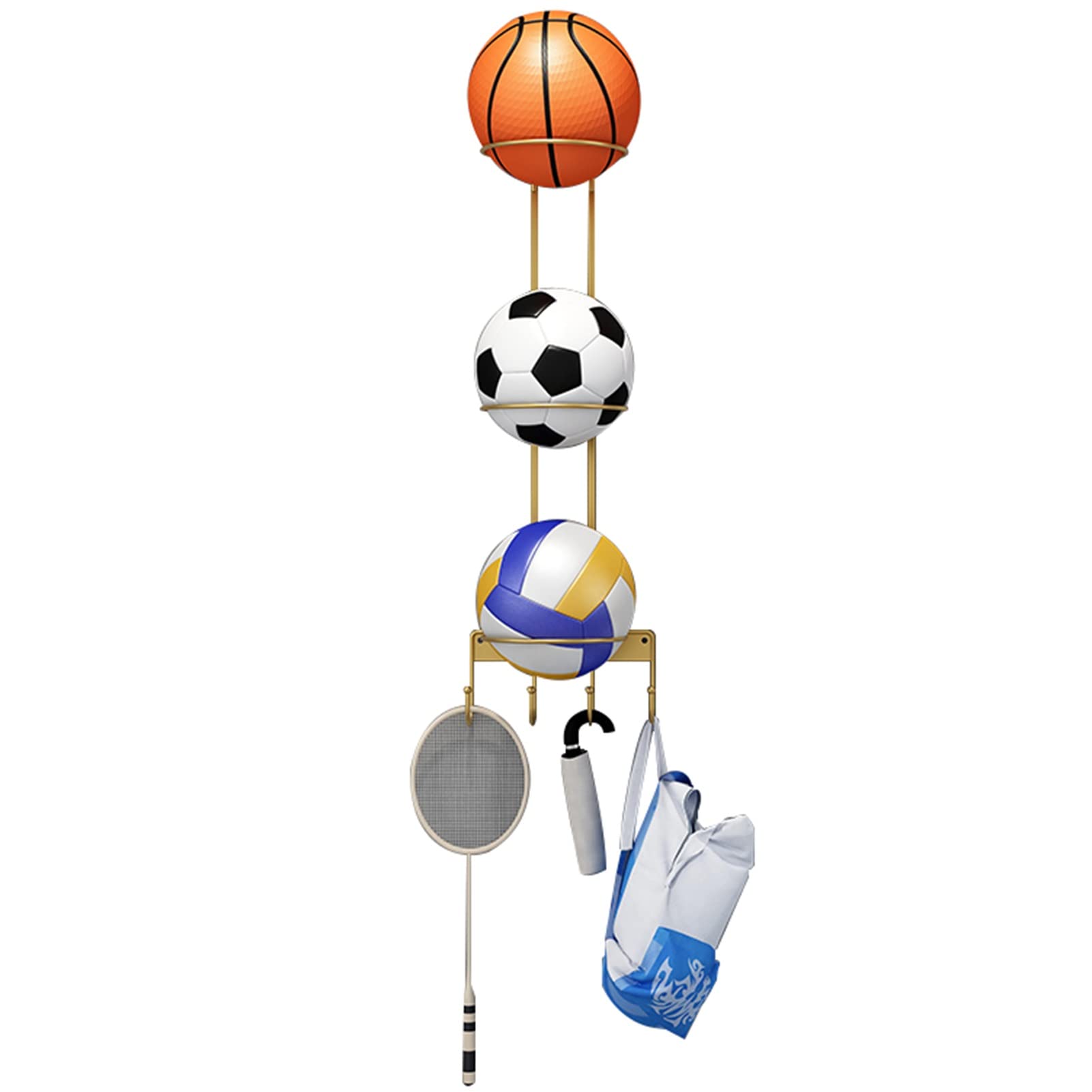Portapacchi per Pallacanestro per Montaggio a Parete per Garage Seminterrato, Moderno Portaoggetti per Attrezzi Sportivi in Metallo, Espositore per Attrezzature Sportive con 4 Ganci (Color : Gold)