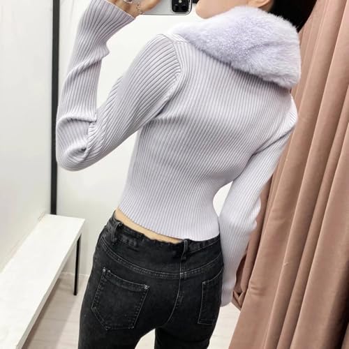 Cardigans for Women Vintage Faux Fur Knitted Sweater Fur Collar Long Sleeve Top Sweater Knit Cardigan4