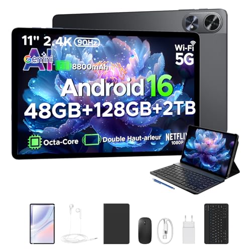 POPUX P11 Pro Tablette Android 16, Tablette 11 Pouces avec Gemini AI, 48Go RAM+128Go ROM, Tablette Tactile 2.4K 90Hz, T7250, 13MP+5MP, 8800mAh, 5G WiFi,...
