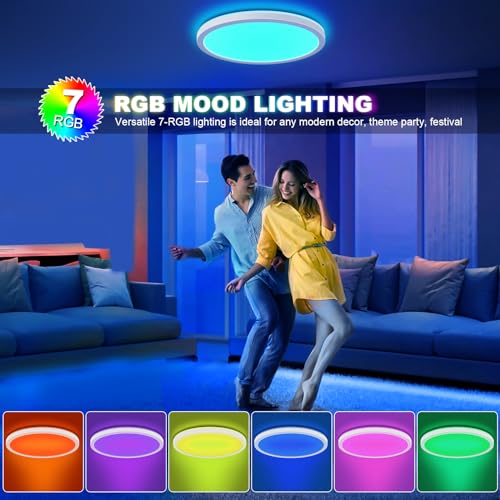 LEZOE - Lámpara de techo LED RGB 18W regulable con mando a distancia, 1800 lm, regulable RGB, 3000K-6500K, IP54, panel plano para salón, dormitorio, habitación infantil, cocina, sala - imagen 2