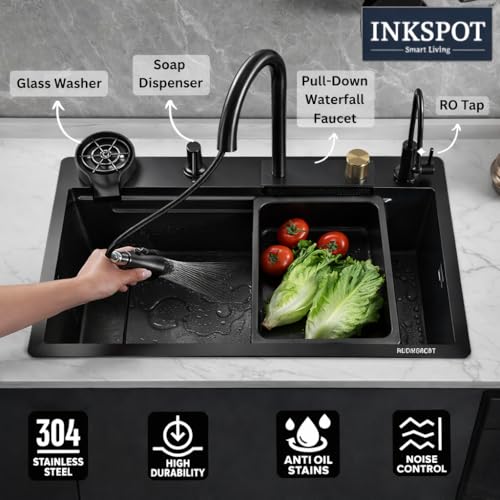 Image of 304 Grade Multifunction Kitchen Sink 30'' x 18'' x 10'' with Integrated Waterfall & Pull-down Faucet Set-Stainle (30X18X9 INCH)