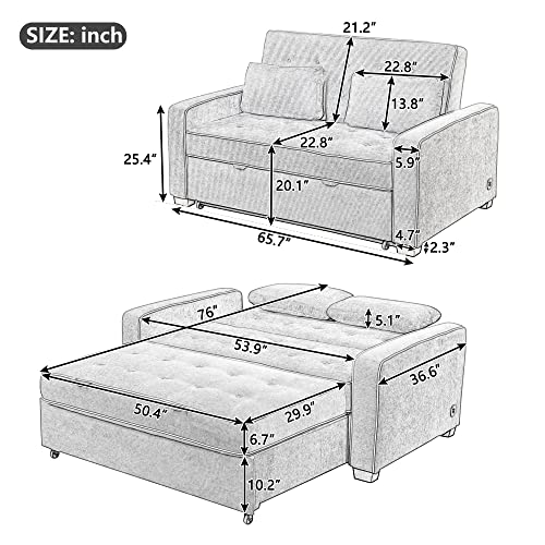 Polibi 65.7" Modern Convertible Sleeper Sofa Bed w/Dual USB Charging Port, Linen Upholstered Pull Out Sofa Bed Couch with 3 Adjustable Angle Backrest and Two Throw Pillows(Charcoal Gray) - Thumbnail 2