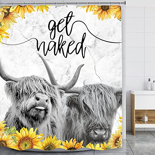 LGhtyro Farmhouse Highland Kuh Duschvorhang 152x180 cm (BxH), lustiges Rind, Vintage-Sonnenblumen-Duschvorhang, Badezimmer-Set, grauer Marmor, lustige Western-Tierwelt, Heimdekoration Cover