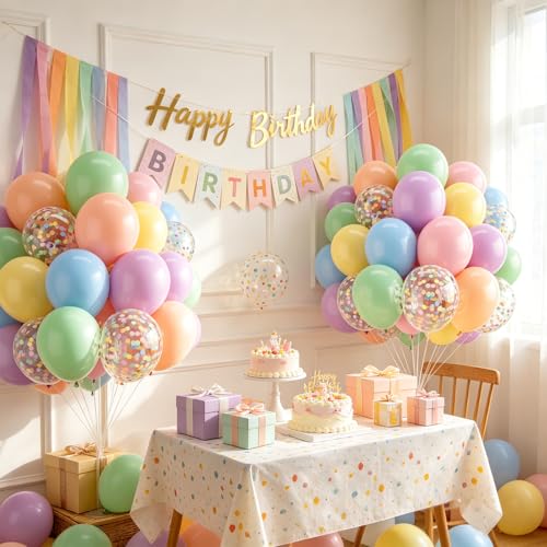 Image of Zesliwy Pastel Balloons Set, 50pcs 12inch Pastel Rainbow Balloon Pink Orange Yellow Balloon and Green Blue Purple Balloons with Colorful Confetti Balloon for Birthday Easter Bridal Shower Party Decor