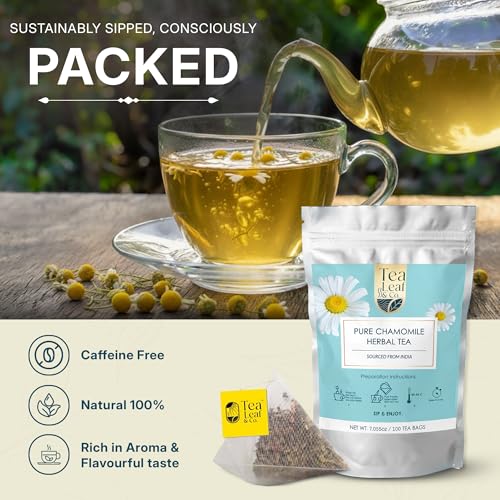 Image of Tealeaf & Co. Pure Chamomile Herbal Tea - Organic Chamomile Tea Bags Blended with Fresh Herbs - Contains Low Caffeine - Gluten Free - 100 Teabags (7.055oz /200gm)