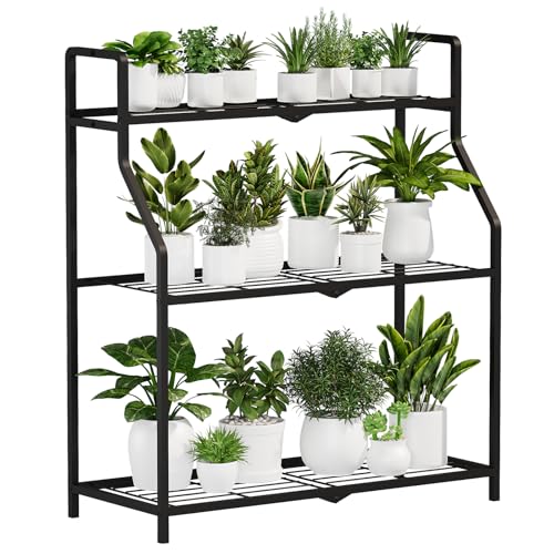 Bamworld Supporto per Piante in Ferro Porta Piante da Interno ed Esterno, Portavasi da Balcone, Porta Vasi da Esterno con 3 Ripiani, Design Robusto e Resistente