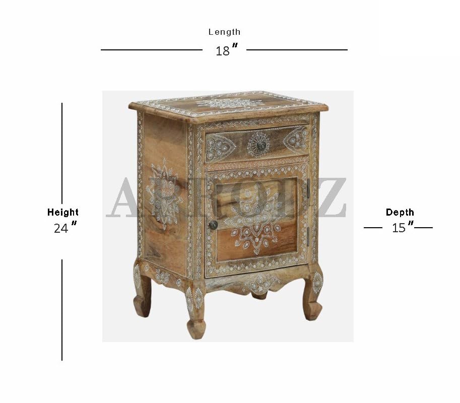 Image of APRODZ Wooden Handpainted Side Table with Door & Drawer Storage Portable Bedside End Table (Multicolor)