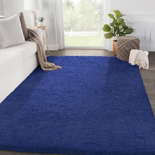 SOANNY Rugs Living Room Small Soft Fluffy Shaggy Solid Carpet for Bedroom Dorm Bedside Lounge Office Non-Slip Machine Washable Throw Rug for Home Decor Navy Blue 80 x 150 cm