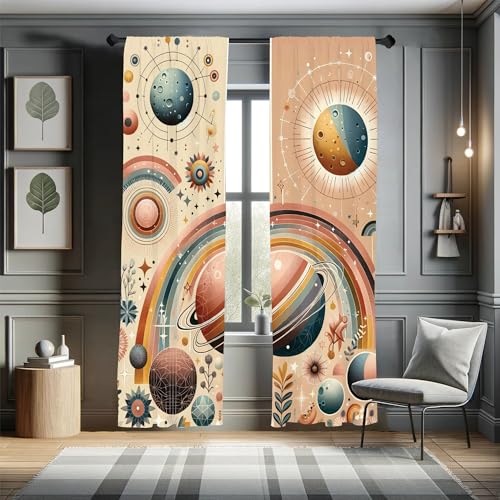 Ambesonne Planets Window Curtains, Modern Scandi Themed Leafy Rainbows Starry Atmosphere and Globes Artwork, Lightweight Decorative 2-Panel Set & Rod Pocket, Pair of - 28" x 95", Pale Taupe Multicolor