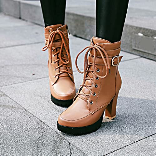 MIOKE Women's Round Toe Platform Dressy Ankle Boots Lace Up Zipper Chunky Block High Heel Dress Short Bootie 6