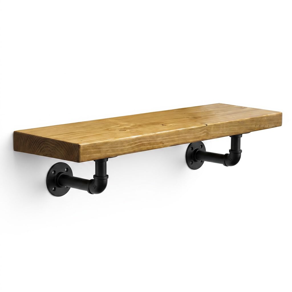MKGT Handcrafted Rustic Wooden Floating Shelf with Industrial Pipe Brackets – 22cm Deep Solid Pine Wall Shelf, 45mm Thick, Made in the UK, Includes Fixings (Rustic Pine, 90cm)