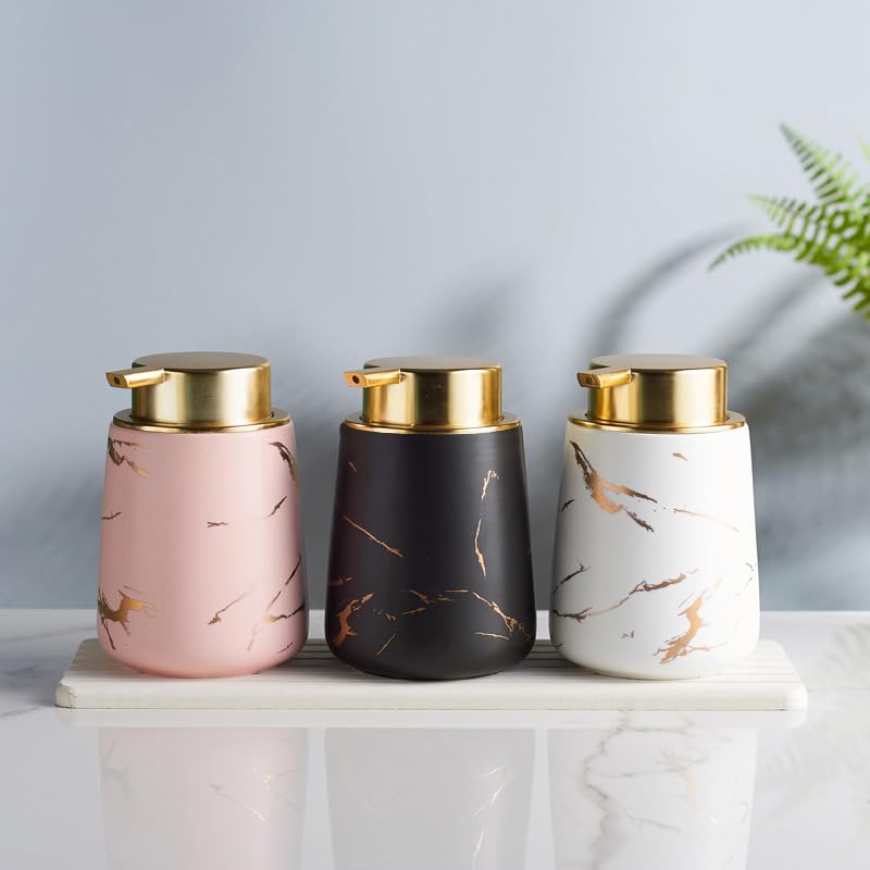 Image of Luxury Ceramic Soap Dispenser (Luxe Pink) - 400ml Wide Modern Refillable Lotion Shampoo Handwash Bottle Matte Pink with Gold Marbling Premium Countertop Accessory for Bathroom, Kitchen & Wash Basin