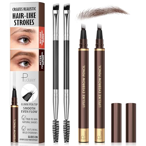 2 Pack 4-Tip Microblading Eyebrow Pen with 2 Brow Brushes Waterproof Vegan Formula Eyebrow Pencils for Women to Effortlessly Create Natural Hair-Like Strokes All-Day Wear (Dark Brown)