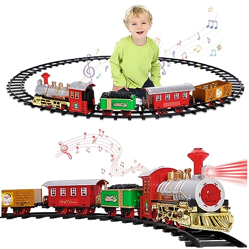 Geegear Tren eléctrico de Juguete, Tren de Navidad Eléctrico, Tren Locomotora de acción con Pilas, Juegos De Trenes De Vapor con Luz, Sonidos,Decoración De Navidad, Juegos Regalos para Niños(Rojo 1)