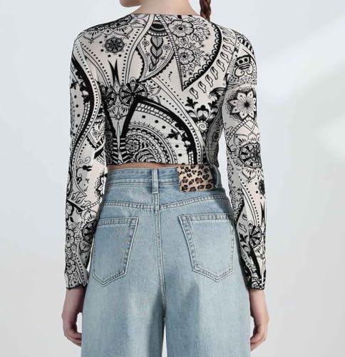 Image of ICW Women Long-Sleeves Round Neck Net Printed Transparent Mesh Sheer Crop Top T-Shirt DN38(Mix Print)
