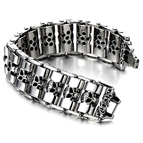 COOLSTEELANDBEYOND Heavy and Study Mens Stainless Steel Biker Skull Bracelet Silver Black Two-Tone Polished
