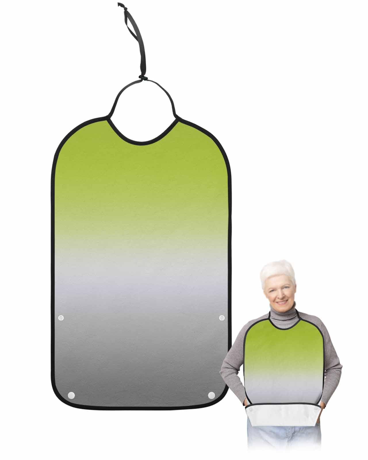 LEOKOTI Green Gray Ombre Adult Bibs for Eating, Waterproof Bibs with Food Catcher & Adjustable Snap Closure, Modern Gradient Abstract Art Washable Clothing Protectors Adult Bibs for Elderly Women/Men