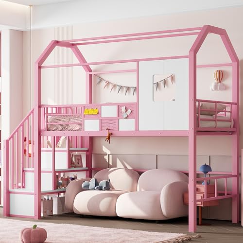 Worletty Litera, litera, cama de metal, 90 x 200 cm, con estructura de techo y escalera de almacenamiento, color rosa