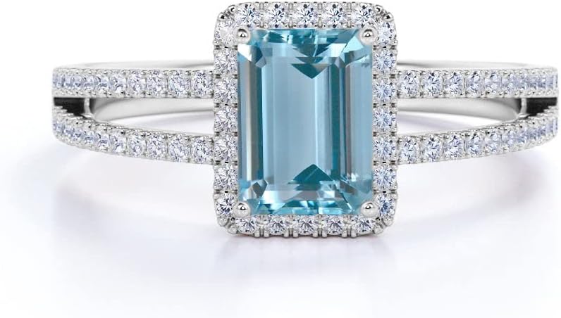 10K 14K 18K Gold Aquamarine Diamond Engagement Rings for Women,Created Aquamarine Rings with Diamonds Gift for Her (I2-I3 Clarity)