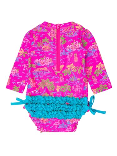Image of RuffleButts Baby Girls UPF 50+ Sun Protection Floral Printed Long Sleeve One Piece Rash Guard Swimsuit with Zipper