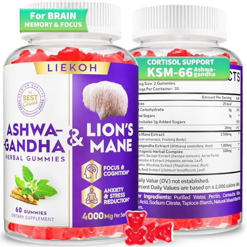 Ashwagandha Gummies - Organic Ashwagandha & Lions Mane Gummies for Adults with 4 Adaptogenic Herb for Stress, Cognitive & Immune Support| Cortisol Supplements for Women & Men, Berry Flavor - 60 Counts