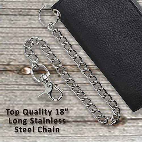 Image of F&L CLASSIC RFID Blocking Mens Tri-fold Long Style Cowhide Leather Steel Chain Wallet,Black