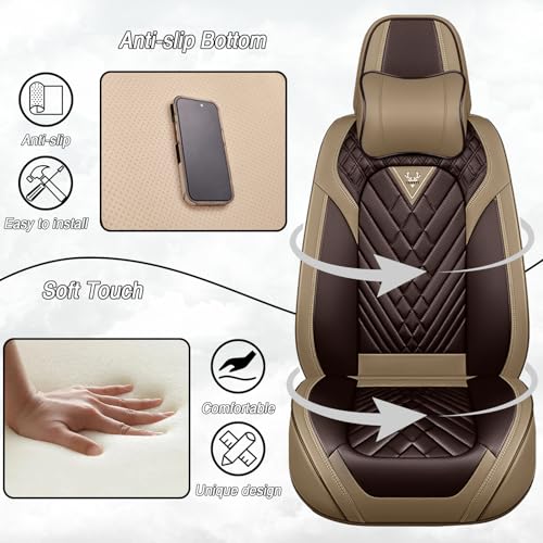 Image of Car Seat Covers for Chevrolet Equinox 2005-2026, Premium Nappa Leather Waterproof & Anti-Slip, Full Coverage Customized fit Chevrolet Equinox Seat Covers Front Set (2 Seats Luxury,Beige-Brown)