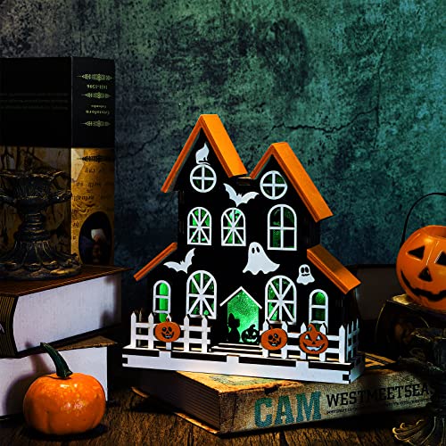 Halloween Tabletop Decoration, Wooden Lighted Ghost House Pumpkin Decoration Ornaments, Battery Operated Halloween Sign Indoor Fireplace Kitchen Desk Table Ornament, 7.8 X 7.2 X 2.3 Inch #TOP6