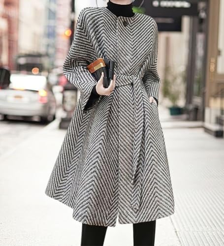 chouyatou Women's Herringbone Collarless Blazer Wool Coat 3/4 Sleeve Mid Long Trench Coat with Belt2