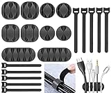 Zerfa 20pcs Cord Cable Wire Holder Protector Organizer Accessories Self Adhesive Cable Straps Hook and Loop Cable Ties for Home, Office, Car, Desktop, Laptop, Computer (Black)