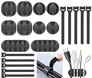 Zerfa 20pcs Cord Cable Wire Holder Protector Organizer Accessories Self Adhesive Cable Straps Hook and Loop Cable Ties for Home, Office, Car, Desktop, Laptop, Computer (Black)