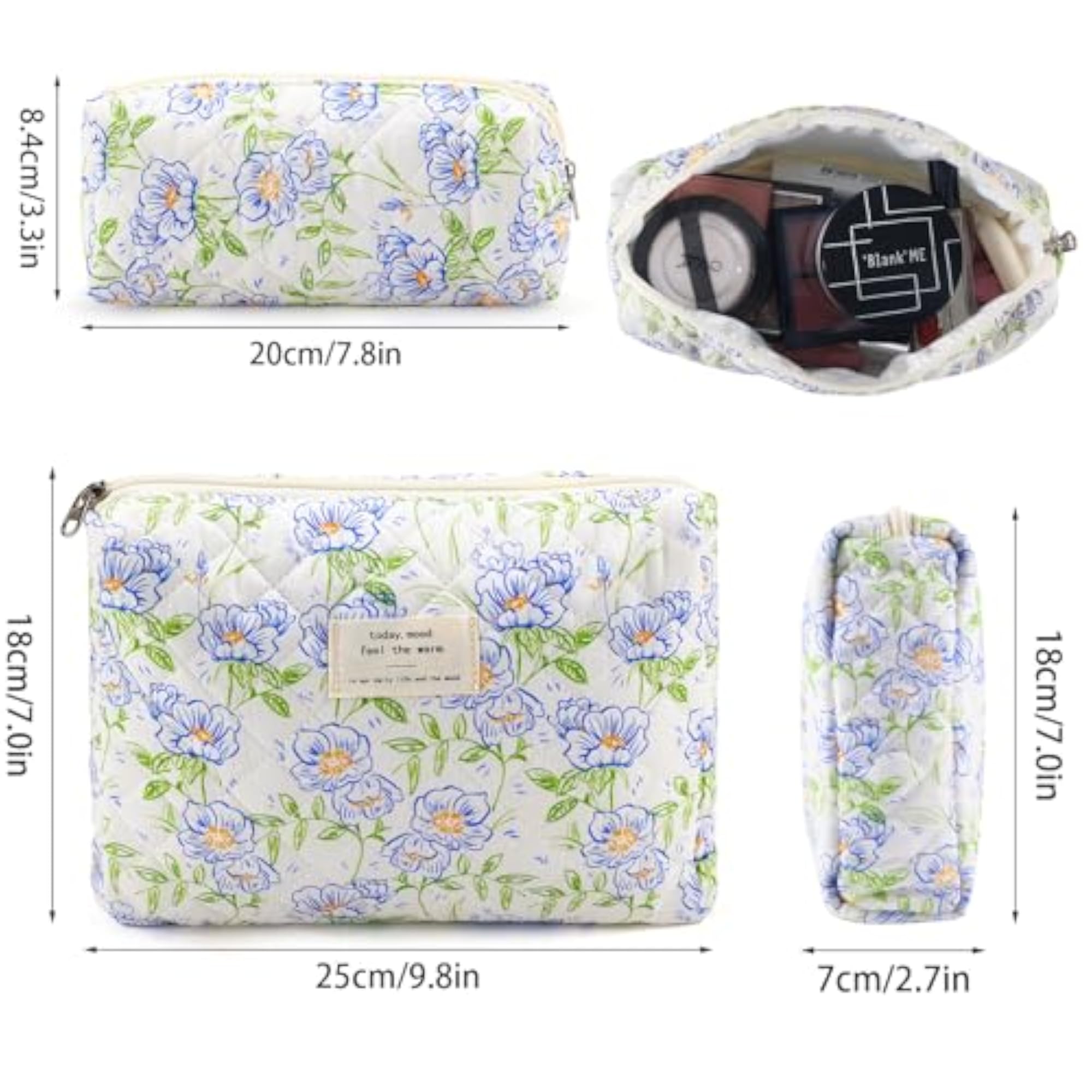 2Pcs Quilted Cotton Makeup Bag Set, Floral Coquette Design