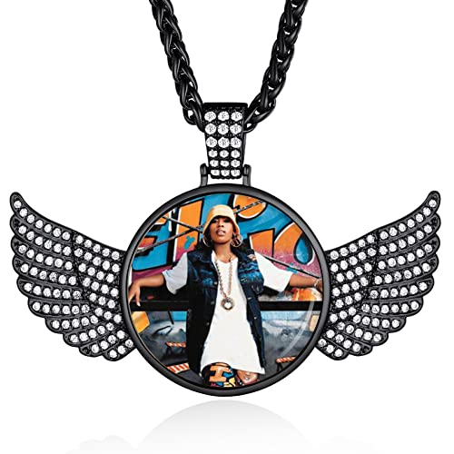 Custom4U Picture Necklace Personalized Photo for Men Women Steel/18K Gold Plated/Black Custom Angel Wings/Heart Pendant Necklace with Picture Memory Circle Chain 18-30 Inch,Hip Hop Jewelry+G
