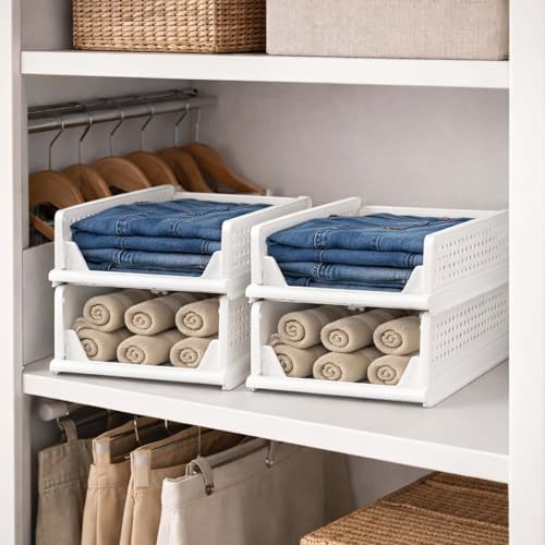 Image of Go Hooked Foldable Wardrobe Organizer with Drawer Style Pull Out Design | Pack of 4 Small (44x34x14.5 cm) Shelf Storage Box | Heavy Duty Plastic Shirt Stacker for Cupboard, Almirah & Closet | White