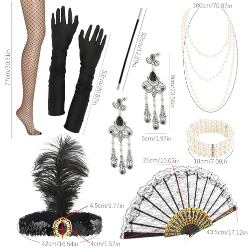 VFANDV Accesorios Años 20 Mujer, Set de 10 Piezas con Headband Flapper y Accesorios de Charleston para Fiesta, Disfraz de Halloween y Theme Party - imagen 2