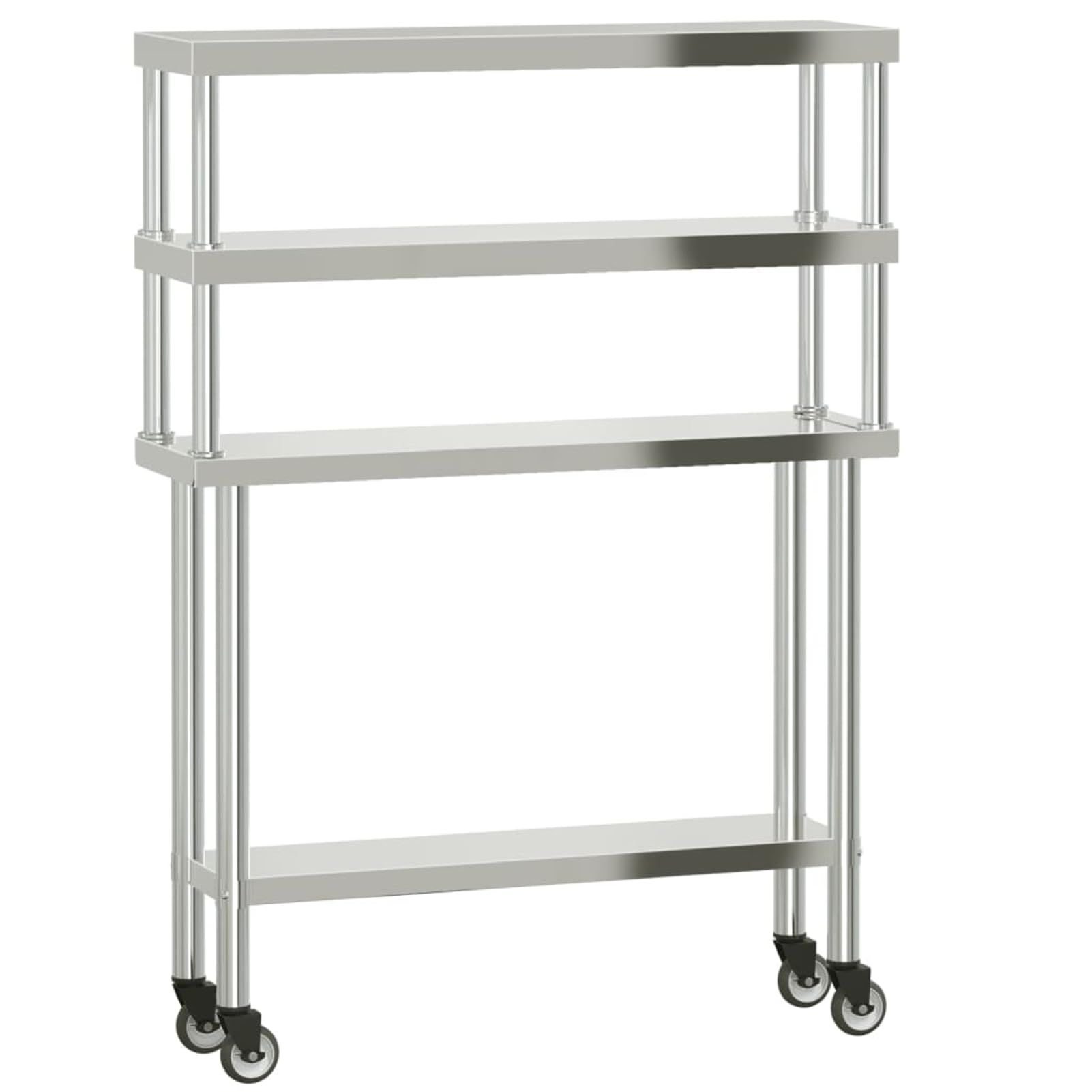 Homgoday Tavolo da Lavoro in Acciaio Inox, Argento, 110x30x150 cm, 2 Ripiani, con 4 Ruote (2 con Freno), per Cucina Professionale