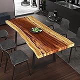CONTE CASERTA Original Baumkanten-Tisch 160 cm, aus Einer 6 cm dicken Vollholz Baumscheibe mit natürlichem Kantenverlauf. Massiv Esstisch/Schreibtisch Akazie mit Untergestell Phuket in schwarz