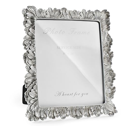 8x10 Picture Frame Silver, Vintage Silver Palm Leaves Textured Hand-Crafted Resin with Glass Front, Elegant Retro Design Photo Frame for Wall and Tabletop Display Home Decor