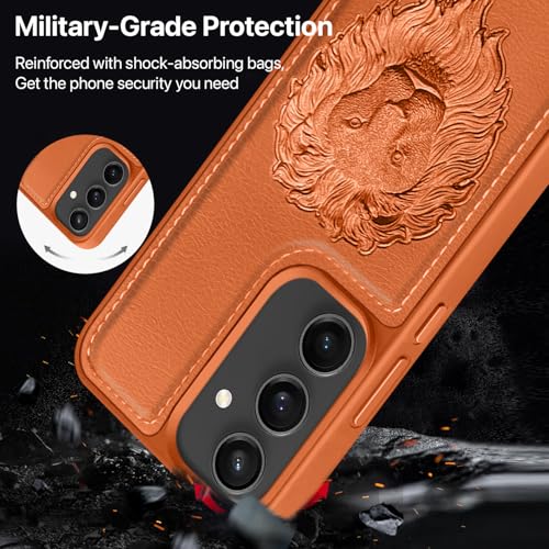 Image of Vaku Luxos Lion Embossed Back Cover Case for Samsung Galaxy S24 FE 5G Premium Leather Stitched Soft Shockproof Protective TPU Phone Case Camera Screen Protector- Brown