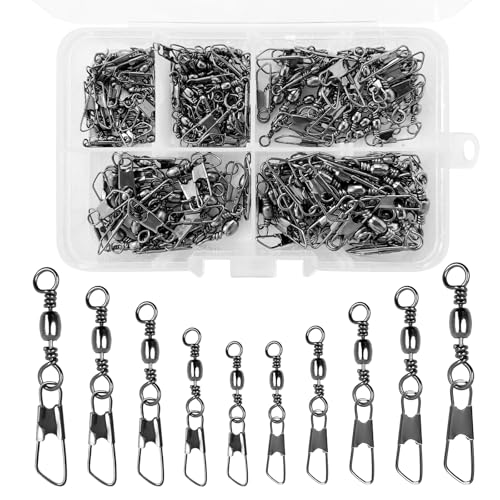 ZWQLZG 150 Stück Angelzubehör Wirbel Angeln Angelwirbel Mit Kugellagerwirbel Edelstahl Wirbel Angeln Drehgelenk kugellager Wirbel Angeln Snap 5 Größ 6# 8# 10# 12# 14# (Type A)
