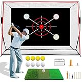 Golf Net, 10x7FT with Golf Practice Mat, Hitting Aid Net with Multi Targets Training for Backyard Driving Chipping Indoor Outdoor Use, 5-Ply Anti-Tear Netting & Carry Bag, Gifts for Men Dad Him Golfer